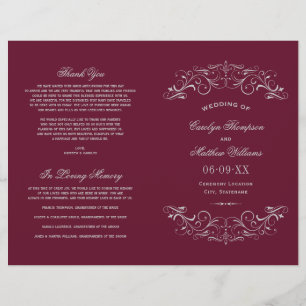 Programmes de mariage argentés vintage bordeaux