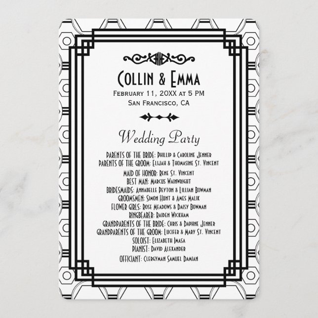 Programmes de mariage Art Déco Blanc & Noir (Devant)
