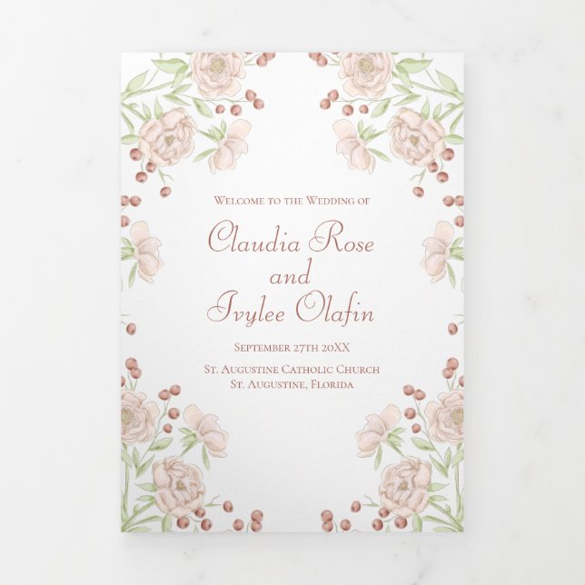 Programmes de mariage aux roses roses blush (Page de couverture)