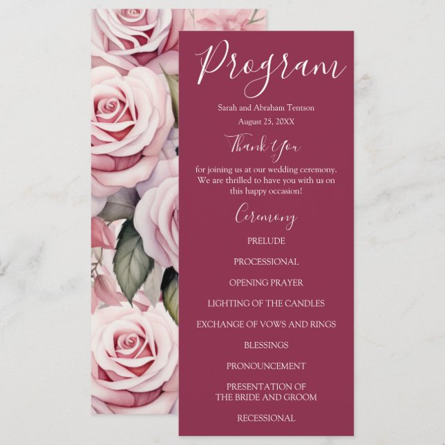 Programmes de mariage avec des roses roses mauves  (Devant / Derrière)