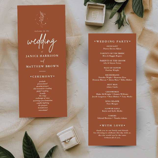 Programmes de mariage bohème orange brûlé minimali (Minimalist burnt orange boho wedding programs add warm elegance and guide your ceremony flow.)