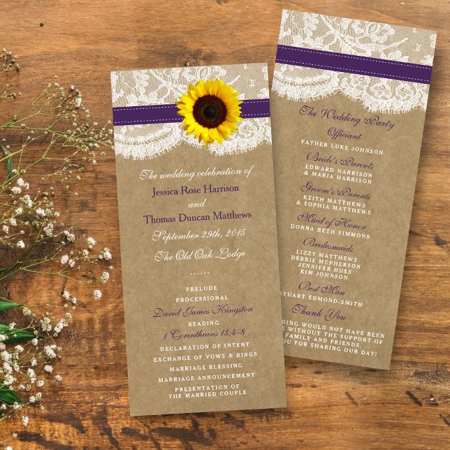 Programmes de mariage de tournesol Kraft, dentelle (Créateur téléchargé)