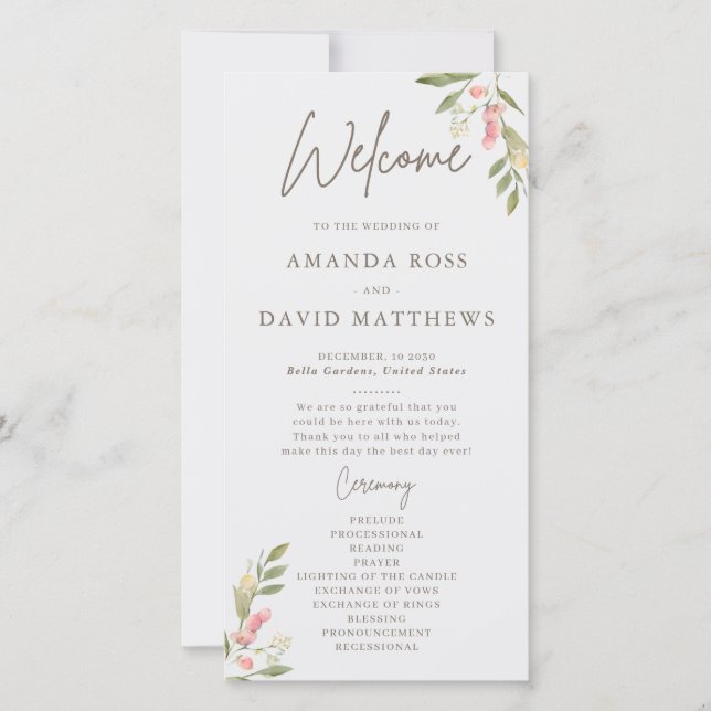 Programmes de mariage élégants aux fleurs simples (Devant)