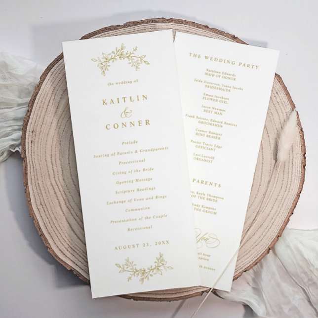 Programmes de mariage élégants et classiques vinta (Elegant gold wedding programs with a botanical hand drawn gold design.)