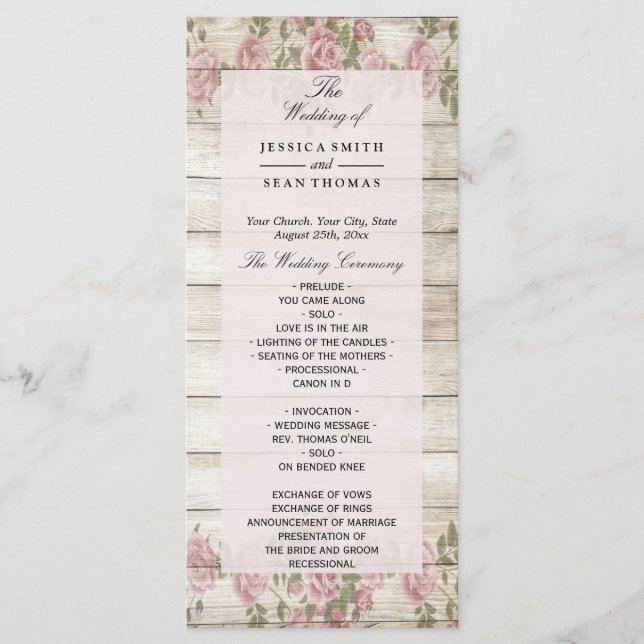 Programmes de mariage en bois avec des roses rusti (Devant)