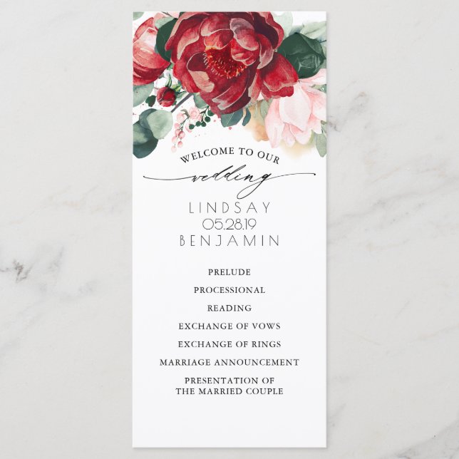 Programmes de mariage floral rouge et rose de Bour (Devant)