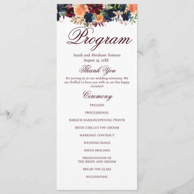 Programmes de mariage floraux en bordeaux or et ma (Devant)