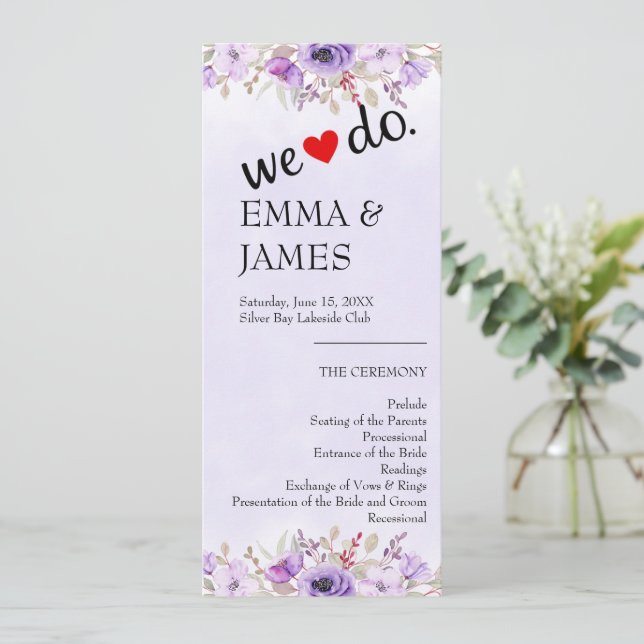 Programmes de mariage floraux violets chic (Debout devant)