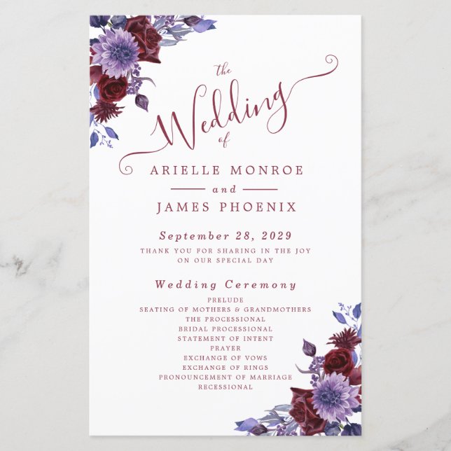 Programmes de mariage floraux violets et blancs (Devant)