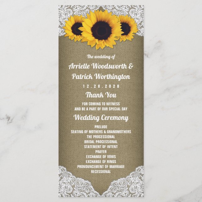 Programmes de mariage rustiques tournesol toile de (Devant)
