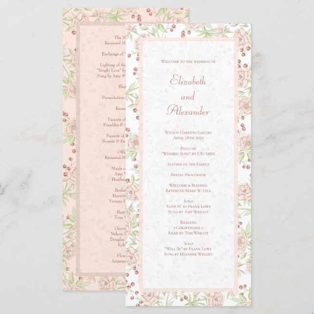 Programmes de mariage vintage roses rose saumon (Devant / Derrière)