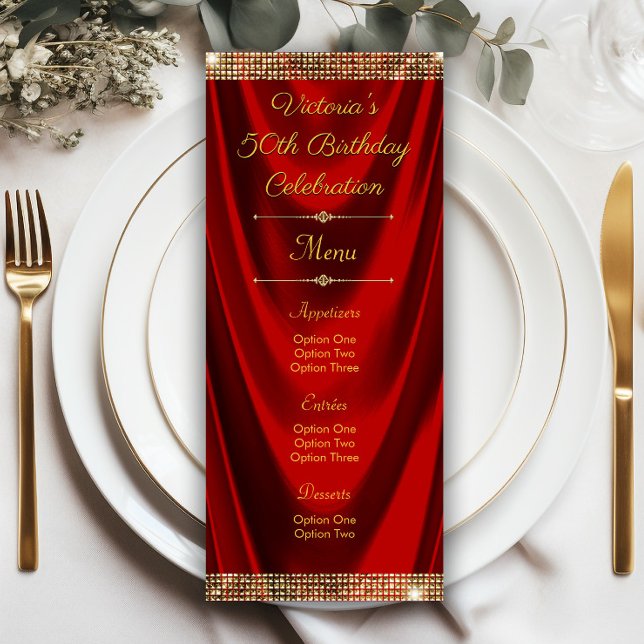 Programmes de menus de fête d'anniversaire en or r (Elegant red gold any occasion menu or program. Simply add your details.)