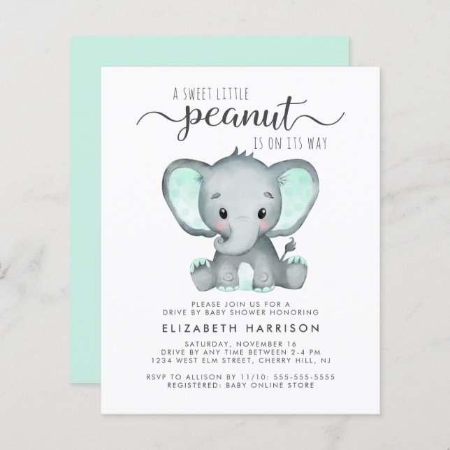Promenade Budget Elephant Mint Par Invitation Baby (Devant / Derrière)