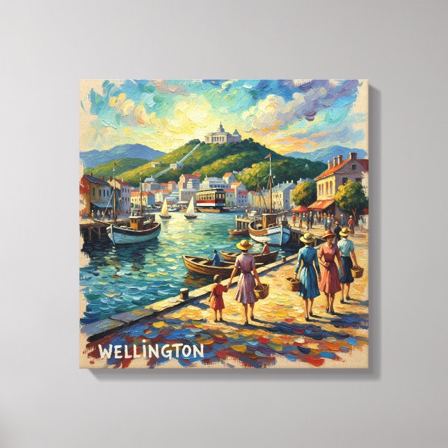 Promenade de Wellington Harbour sur toile dorée (Recto)