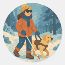 Promenade d'hiver avec chien guide - Sticker rond