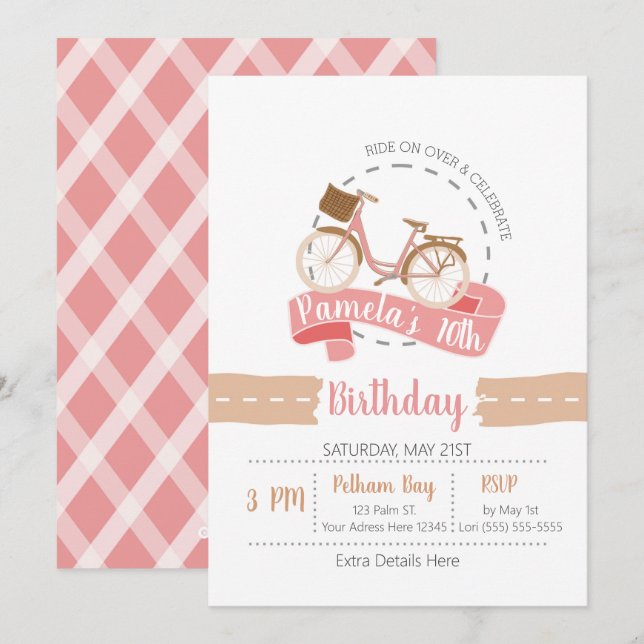 Promenade Sur Vélo Invitation Anniversaire | Rose (Devant / Derrière)