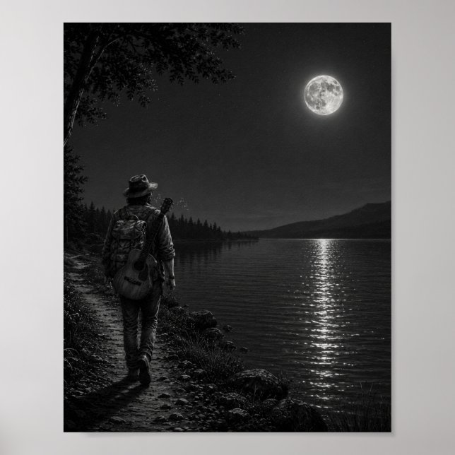 Promeneur au bord du lac au clair de lune Affiche  (Devant)