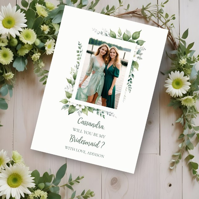 Proposition de photo de la femme de ménage verte d (Cherish Cute Green Foliage Frame Bridesmaid Photo Proposal Card.)