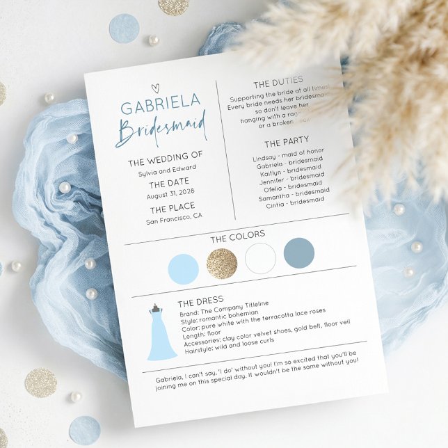 Proposition et information de la domestique Dusty  (Dusty Blue Bridesmaid Proposal and Information Card with Wedding Colors Date and Duties)