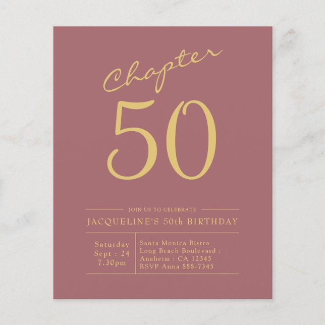 Prospectus 11,4 Cm X 14,2 Cm 50e Anniversaire Gold Pink Budget Invitation (Devant)