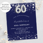 Prospectus 11,4 Cm X 14,2 Cm 60e anniversaire marine bleu argent budget invitat<br><div class="desc">Veuillez noter que cette invitation est sur papier de prospectus et très mince. Les enveloppes ne sont pas incluses. Pour des invitations plus épaisses (même conception), veuillez visiter notre magasin. Une invitation moderne, élégante et glamour pour un 60ème anniversaire. Un arrière - plan bleu marine, décoré de faux étoiles argentées....</div>