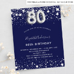 Prospectus 11,4 Cm X 14,2 Cm 80th birthday navy blue silver budget invitation<br><div class="desc">Please note that this invitation is on flyer paper and very thin. Envelopes are not included. For thicker invitations (same design) please visit our store. A modern, stylish and glamorous invitation for a 80th birthday party. A navy blue background, decorated with faux silver stars. Personalize and add your name and...</div>