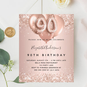 Prospectus 11,4 Cm X 14,2 Cm 90e anniversaire rose or ballons invitation budgét