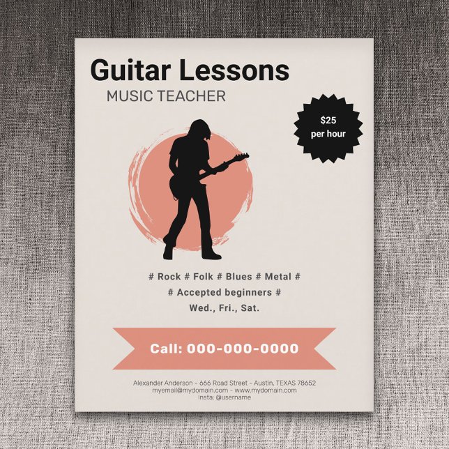 Prospectus 11,4 Cm X 14,2 Cm Affiche de cours de guitare électrique (Electric Guitar Lessons Flyer)