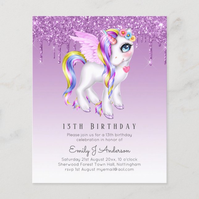 Prospectus 11,4 Cm X 14,2 Cm ANNIVERSAIRE DE ENFANT BUDGET Invitation violet Un (Devant)