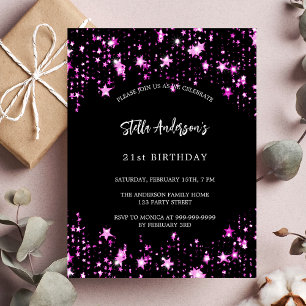 Prospectus 11,4 Cm X 14,2 Cm Anniversaire fête noir rose étoiles invitation bud