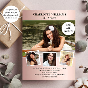 Prospectus 11,4 Cm X 14,2 Cm Anniversaire fête rose or photo budget invitation