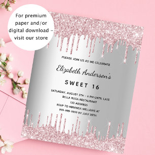 Prospectus 11,4 Cm X 14,2 Cm Anniversaire parties scintillant rose argent invit