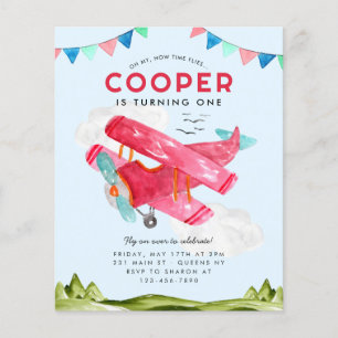 Prospectus 11,4 Cm X 14,2 Cm Aquarelle pas cher Ciel Nuages Avion rouge Anniver