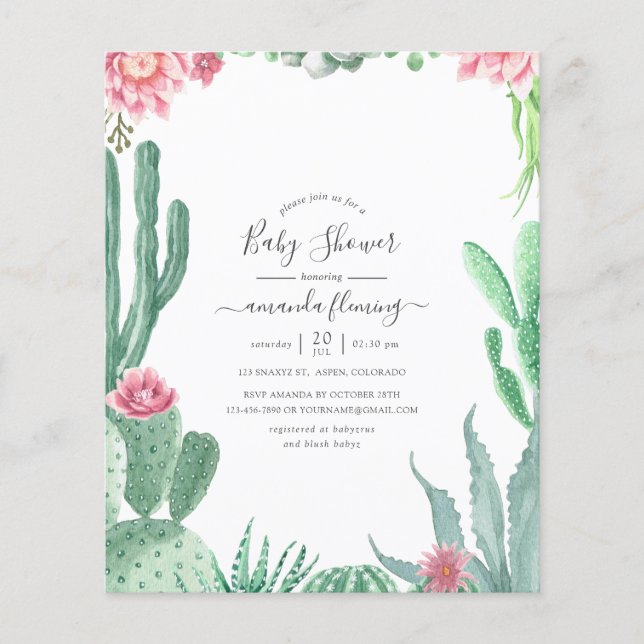 Prospectus 11,4 Cm X 14,2 Cm Aquarelle Succulents Baby shower Invitation (Devant)