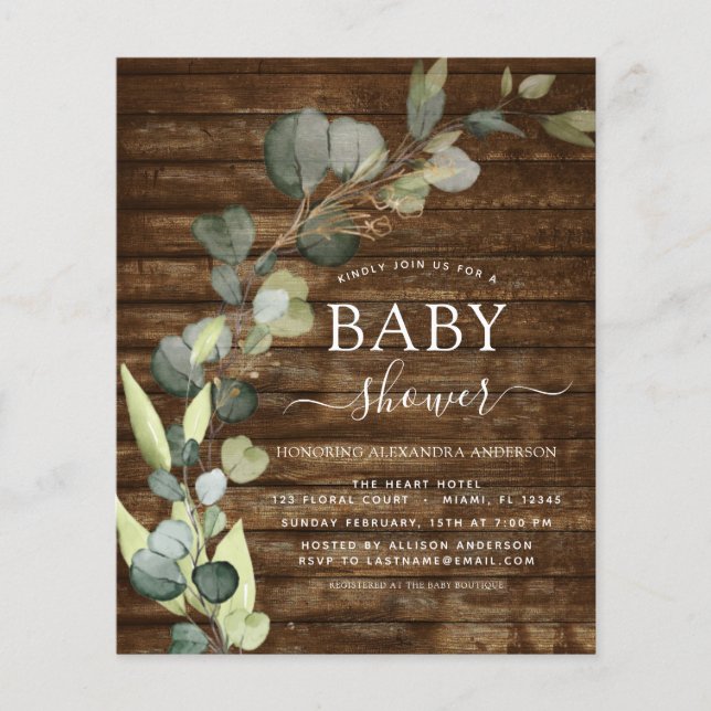 Prospectus 11,4 Cm X 14,2 Cm Baby shower Budget Vert Eucalyptus Rustique (Devant)