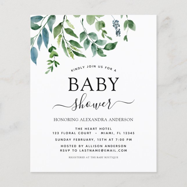 Prospectus 11,4 Cm X 14,2 Cm Baby shower Budget vert Invitation botanique (Devant)
