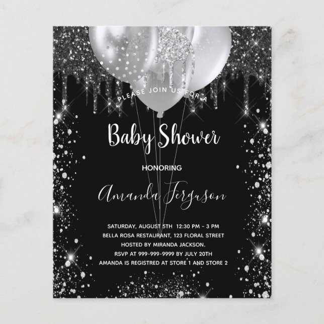 Prospectus 11,4 Cm X 14,2 Cm Baby shower noir argent budget invitation (Devant)