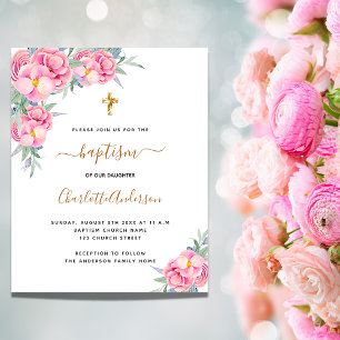 Prospectus 11,4 Cm X 14,2 Cm Baptême rose florales rose or budget invitation