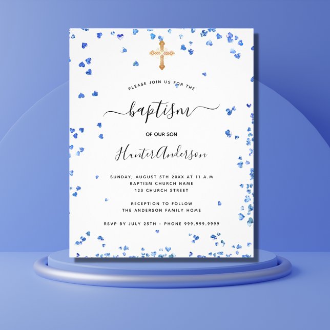 Prospectus 11,4 Cm X 14,2 Cm Baptism boy blue hearts budget invitation (Créateur téléchargé)