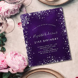 Prospectus 11,4 Cm X 14,2 Cm Birthday purple silver glitter budget invitation<br><div class="desc">Please note that this invitation is on flyer paper and very thin. Envelopes are not included. For thicker cards (same design) please visit our store. A modern, stylish and glamorous invitation for a 21st (or any age) birthday party. A deep purple colored background with faux silver glitter dust. The purple...</div>