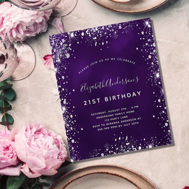 Prospectus 11,4 Cm X 14,2 Cm Birthday purple silver glitter budget invitation (Créateur téléchargé)