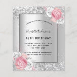 Prospectus 11,4 Cm X 14,2 Cm Birthday silver pink floral budget invitation<br><div class="desc">Please note that this invitation is on flyer paper and very thin. Envelopes are not included. For thicker invitations (same design) please visit our store. Faux silver looking background decorated with burgundy and pink florals, flowers and faux silver glitter, sparkles. Personalize and add your name and party details. Black letters....</div>