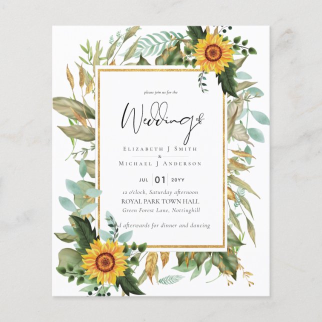 Prospectus 11,4 Cm X 14,2 Cm Boho Tournesols verdure Aquarelle BUDGET Mariage (Devant)