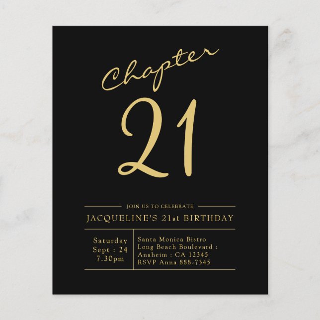 Prospectus 11,4 Cm X 14,2 Cm Budget 21e anniversaire Invitation Black Gold (Devant)
