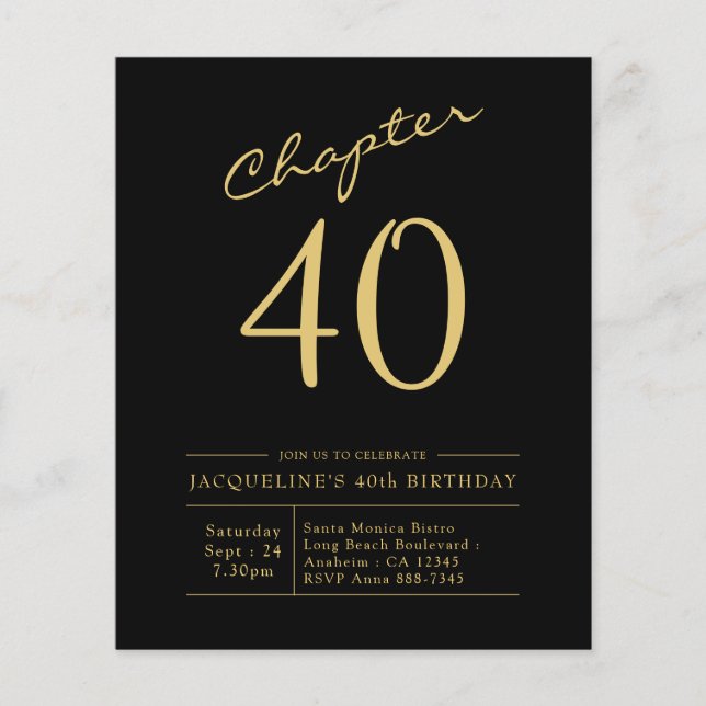 Prospectus 11,4 Cm X 14,2 Cm Budget 40e anniversaire Invitation Black Gold (Devant)