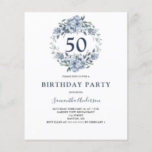 Prospectus 11,4 Cm X 14,2 Cm Budget 50e anniversaire Blue Floral Invitation