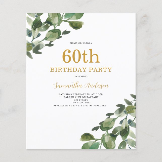 Prospectus 11,4 Cm X 14,2 Cm Budget 60e anniversaire Eucalyptus Invitation Flye (Devant)