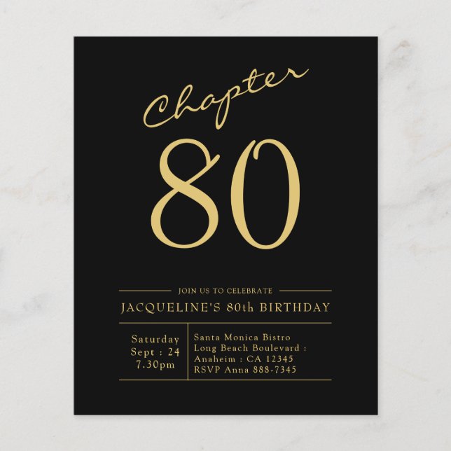 Prospectus 11,4 Cm X 14,2 Cm Budget 80e anniversaire Invitation Black Gold (Devant)