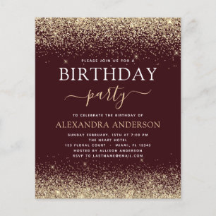 Prospectus 11,4 Cm X 14,2 Cm Budget Anniversaire Tout Âge Bordeaux Or Paillette