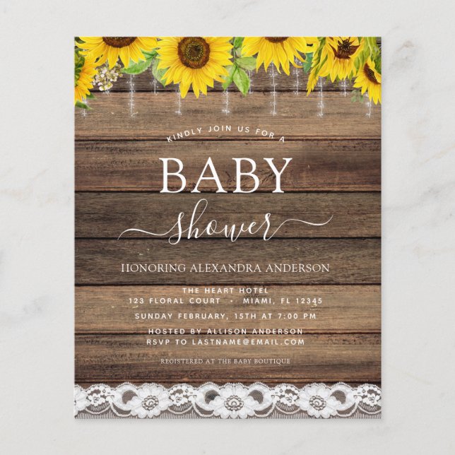 Prospectus 11,4 Cm X 14,2 Cm Budget Baby Shower Rustic Sunflower Invitation (Devant)